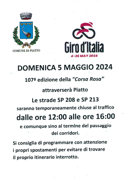 GIRO D'ITALIA DEL 05 MAGGIO 2024 (DOMENICA) - CHIUSURA STRADE SP 208 E SP 213